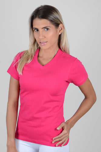 Camiseta Mujer Cuello V Fucsia
